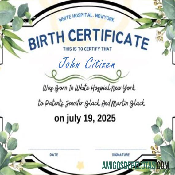 Certidão de nascimento do New York White Hospital exemplo